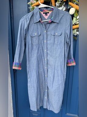 Chambray Button-Front Shirt Dress with Plaid Trim